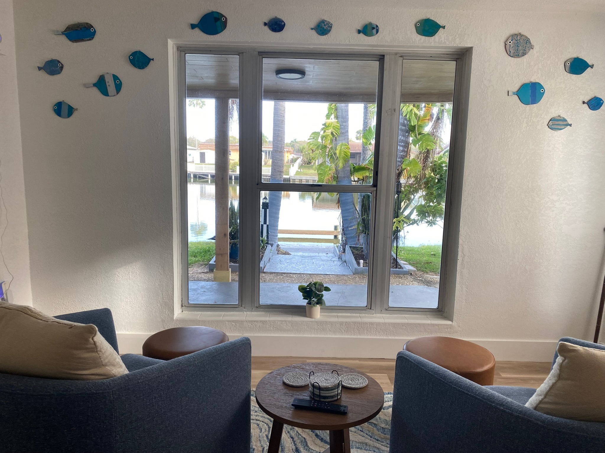 Sitting area with lake view through large window